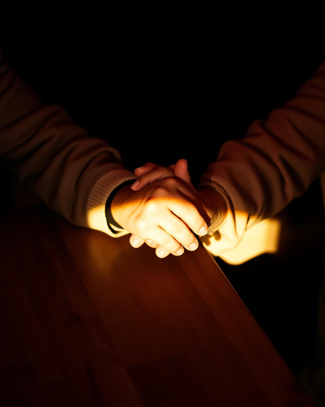 Dos manos entrelazadas sobre una mesa de madera bajo luz cálida